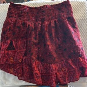 Free People Red Skater Mini Skirt with Ruffled Smocked Design